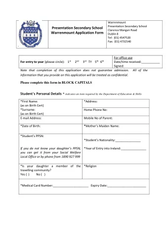 Presentation Secondary School  Presentation Secondary School  Clarence Mangan Road  Warrenmount