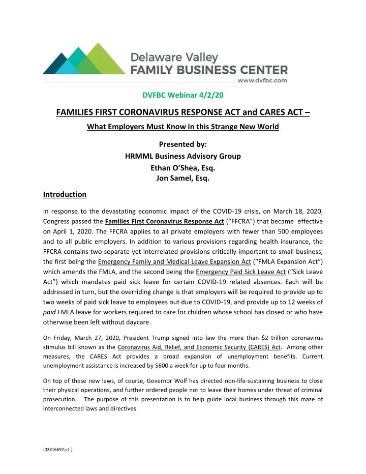 families first coronavirus response act and cares act