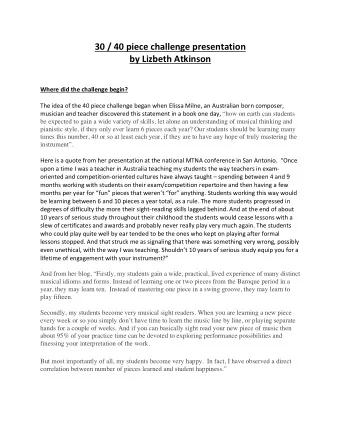 30 / 40 piece challenge presentation  by Lizbeth Atkinson  Where did the challenge begin?  The idea