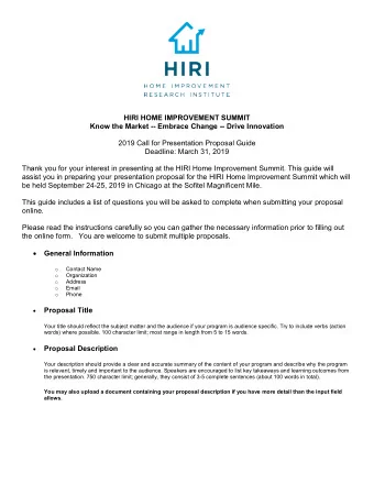 HIRI HOME IMPROVEMENT SUMMIT  Know the Market -- Embrace Change -- Drive Innovation  2019 Call for