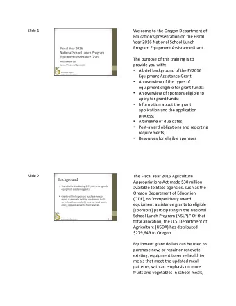 Welcome to the Oregon Department of  Educations presentation on the Fiscal  Year 2016 National