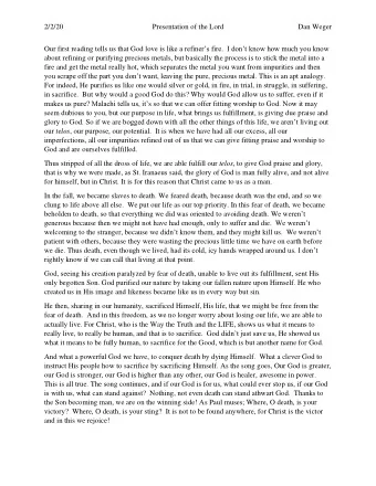 2/2/20  Presentation of the Lord  Dan Weger Our first reading tells us that God love is like a