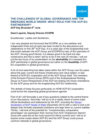 THE CHALLENGES OF GLOBAL GOVERNANCE AND THE  EMERGING WORLD ORDER: WHAT ROLE FOR THE ACP-EU