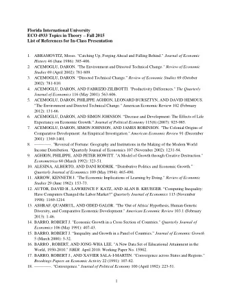 Florida International University ECO 4933 Topics in Theory  Fall 2015  List of References for