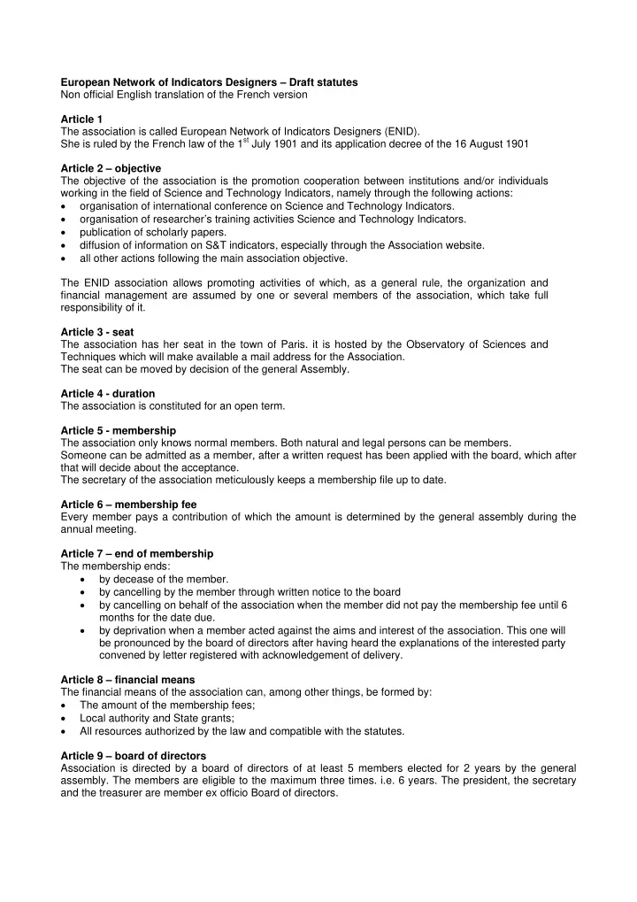 european network of indicators designers draft statutes