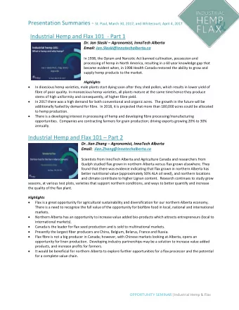 Industrial Hemp and Flax 101  - Part 1 Dr. Jan Slaski  Agronomist, InnoTech Alberta  Email: