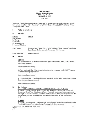 IV.  Old Business 2018 Food Service and Retail Food Establishment Fees  3 rd Reading  A.  Mr.