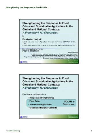 Strengthening the Response to Food  Crisis and Sustainable Agriculture in the  Global and National