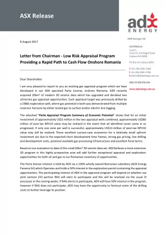 ASX Release  8 August 2017  Letter from Chairman - Low Risk Appraisal Program  Providing a Rapid