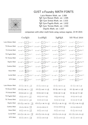 GUST e-Foundry MATH FONTS  Latin Modern Math, ver. 1.959  T  EX Gyre Bonum Math, ver. 1.005  T  EX
