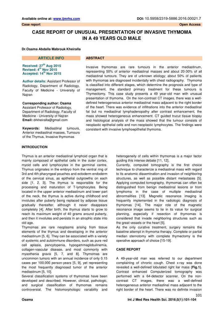 case report of unusual presentation of invasive thymoma
