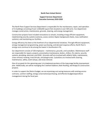 North Penn School District  Support Services Department  Executive Summary 2019-2020  The North