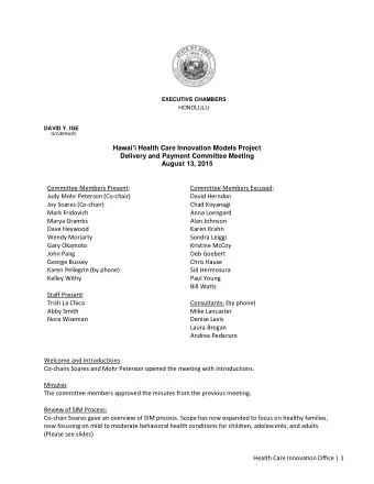 Hawai  i Health Care Innovation Models Project  Delivery and Payment Committee Meeting  August