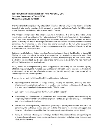 WBF Roundtable Presentation of Hon. ALFONSO CUSI  Secretary, Department of Energy (DOE)  Makati