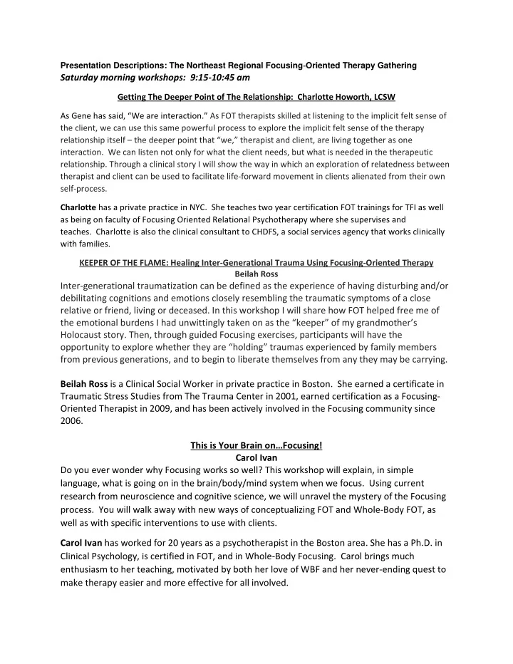 saturday morning workshops 9 15 10 45 am