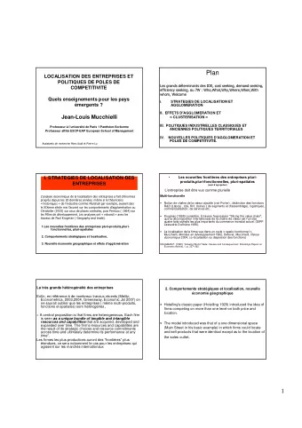 Plan  LOCALISATION DES ENTREPRISES ET  POLITIQUES DE POLES DE