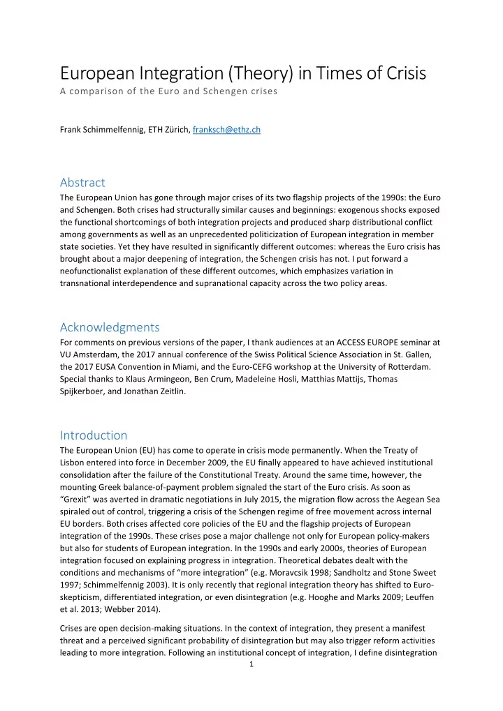 european integration theory in times of crisis