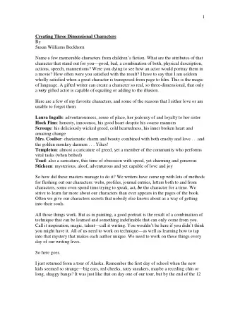 1  Creating Three Dimensional Characters  By  Susan Williams Beckhorn Name a few memorable