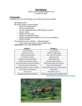 Self Defense  Thank you for joining Brandie M. Lea  On April 20, 2016  1) Prevention: Its about