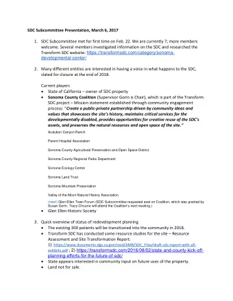 SDC Subcommittee Presentation, March 6, 2017 1. SDC Subcommittee met for first time on Feb. 22. We