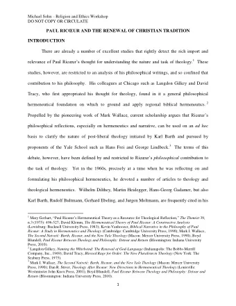 PAUL RICUR AND THE RENEWAL OF CHRISTIAN TRADITION  INTRODUCTION  There are already a number of