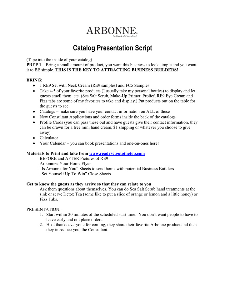 catalog presentation script
