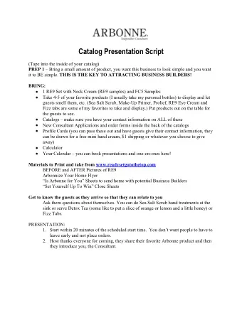 Catalog Presentation Script  (Tape into the inside of your catalog) PREP 1  Bring a small amount