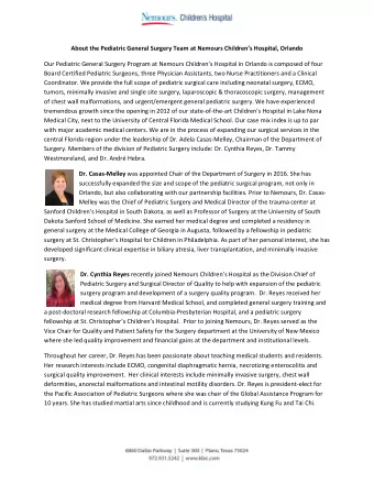 About the Pediatric General Surgery Team at Nemours Childrens Hospital , Orlando  Our Pediatric