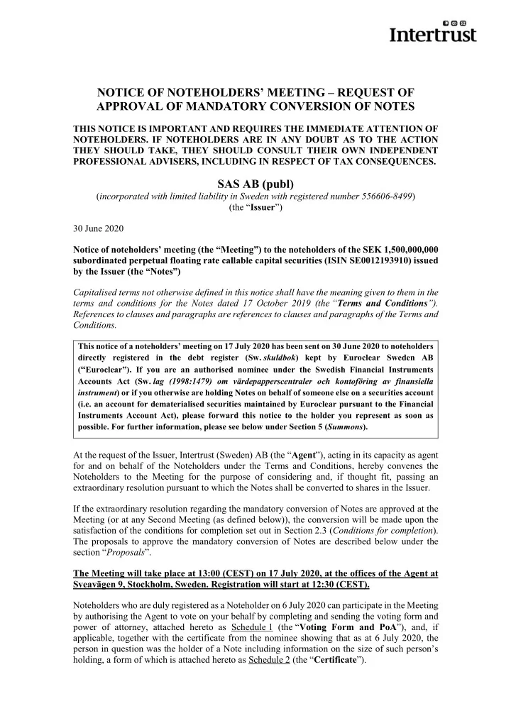 notice of noteholders meeting request of approval of