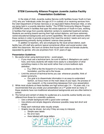STEM Community Alliance Program Juvenile Justice Facility  Presentation Guidelines  In the state of
