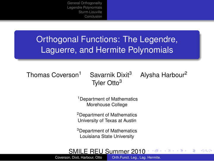 orthogonal functions the legendre laguerre and hermite