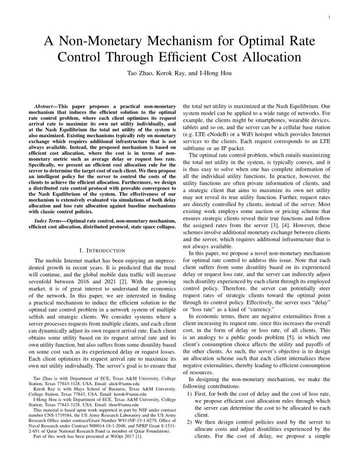 a non monetary mechanism for optimal rate control through