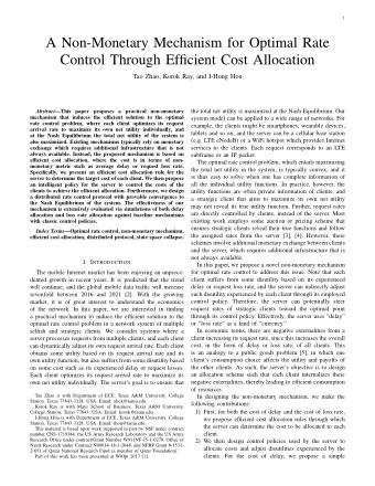 A Non-Monetary Mechanism for Optimal Rate  Control Through Efficient Cost Allocation  Tao Zhao,