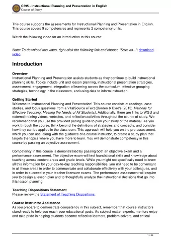 Introduction  Overview  Instructional Planning and Presentation assists students as they continue