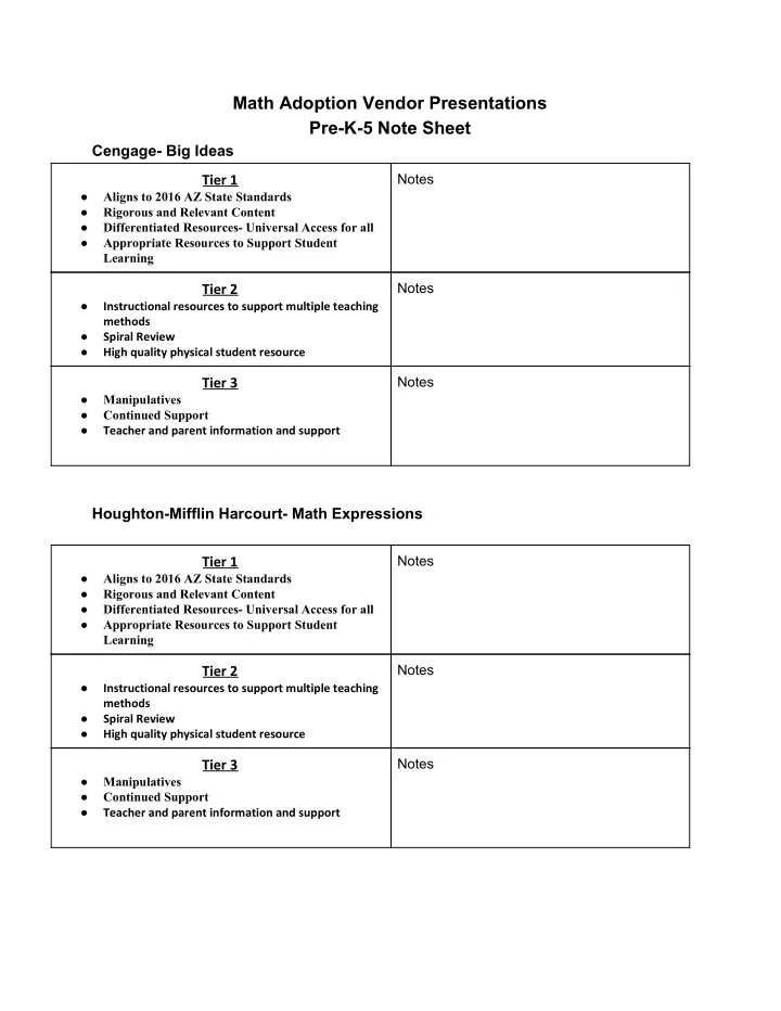 math adoption vendor presentations pre k 5 note sheet