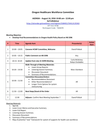 Oregon Healthcare Workforce Committee AGENDA  August 16, 2016 10:00 am  12:00 pm  GoToWebinar