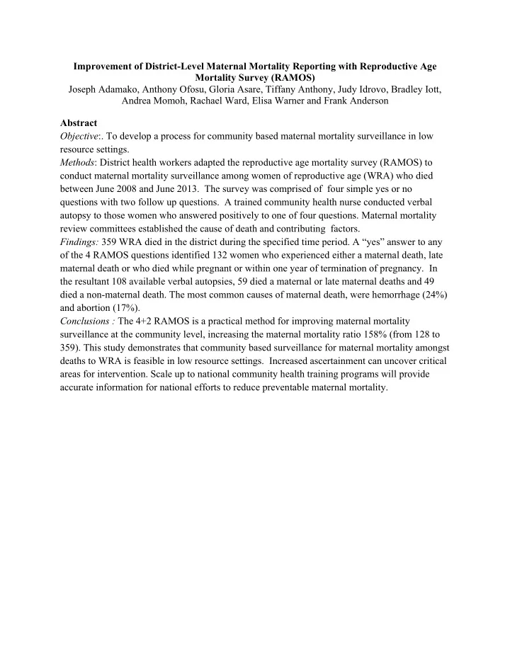 improvement of district level maternal mortality