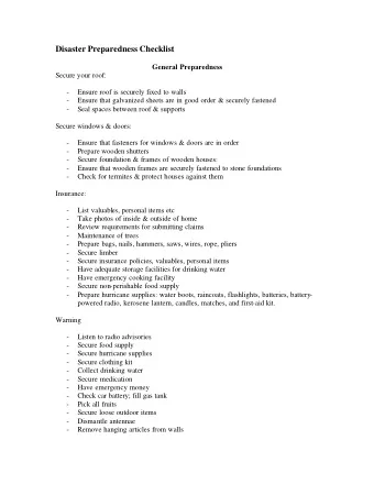 Disaster Preparedness Checklist  General Preparedness  Secure your roof: -  Ensure roof is securely