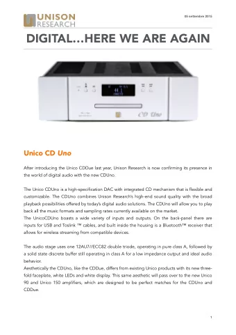 DIGITALHERE WE ARE AGAIN Unico CD Uno  After introducing the Unico CDDue last year, Unison