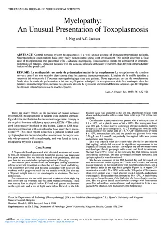 Myelopathy:  An Unusual Presentation of Toxoplasmosis  S. Nag and A.C. Jackson ABSTRACT: Central
