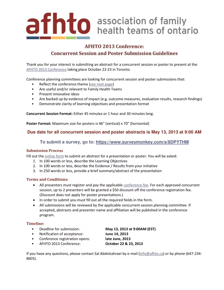 afhto 2013 conference concurrent session and poster