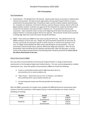 Resident Presentations 2019-2020  PGY-3 Presentations  Two Presentations: 1. Grand Rounds  The