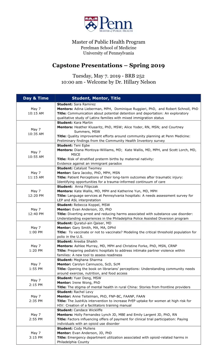 capstone presentations spring 2019