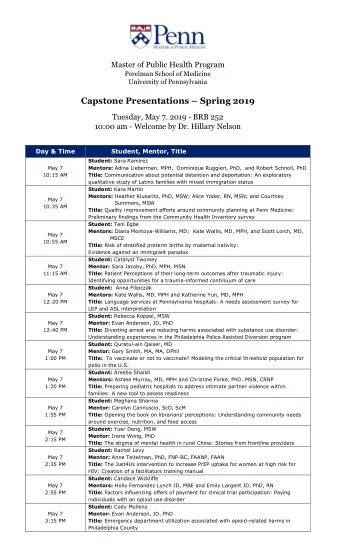 Capstone Presentations  Spring 2019  Tuesday, May 7. 2019 - BRB 252  10:00 am - Welcome by Dr.