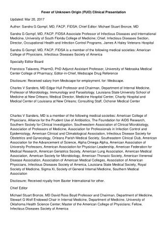 Fever of Unknown Origin (FUO) Clinical Presentation  Updated: Mar 20, 2017  Author: Sandra G Gompf,