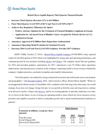Bristol-Myers Squibb Reports Third Quarter Financial Results  Increases Third Quarter Revenues 21%