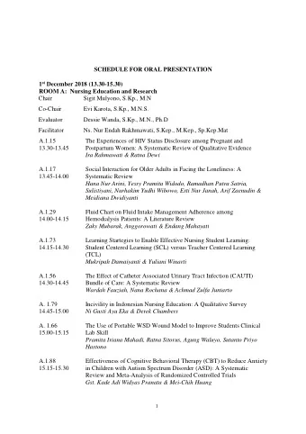 SCHEDULE FOR ORAL PRESENTATION 1 st December 2018 (13.30-15.30) ROOM A:  Nursing Education and