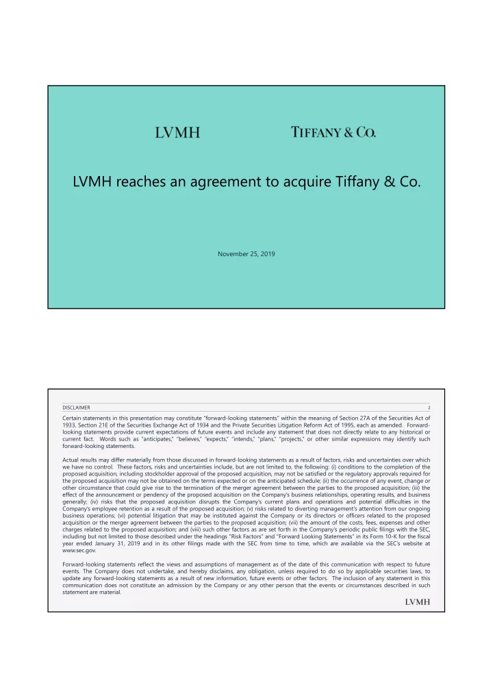 lvmh reaches an agreement to acquire tiffany amp co