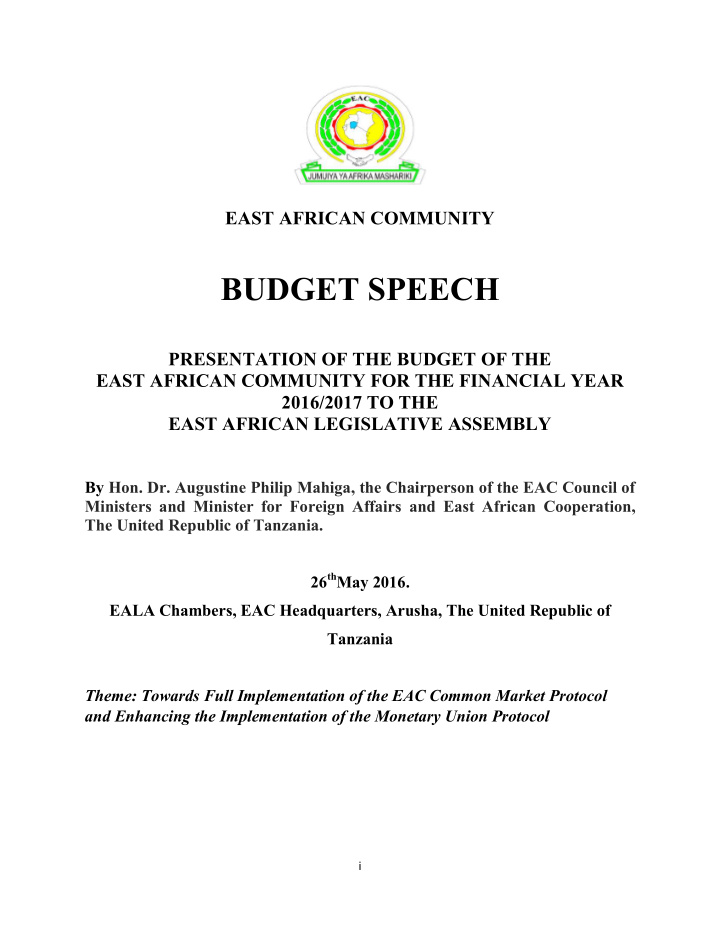east african community budget speech presentation of the
