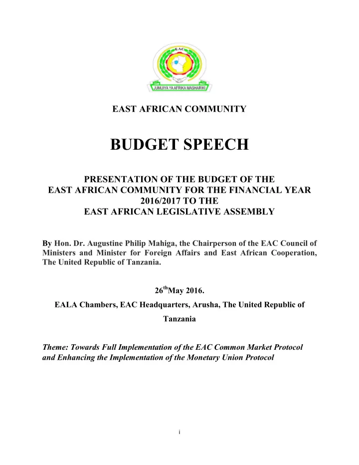 east african community budget speech presentation of the